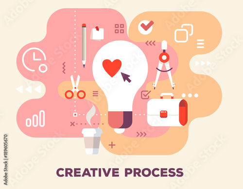 Creative process with office supplies concept on pink background with title. Vector color illustration of big light bulb, cup of coffee, pencil, stationery and icons.