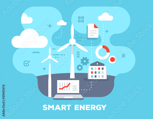 Smart alternative energy concept on blue background with title. Vector color illustration of laptop, windmill, home and icons.
