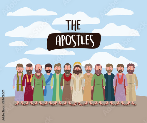 Fotografie, Obraz the apostles and jesus in daily scene in desert in colorful silhouette vector il