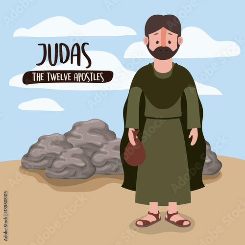 the twelve apostles poster with judas in scene in desert next to the rocks in colorful silhouette vector illustration