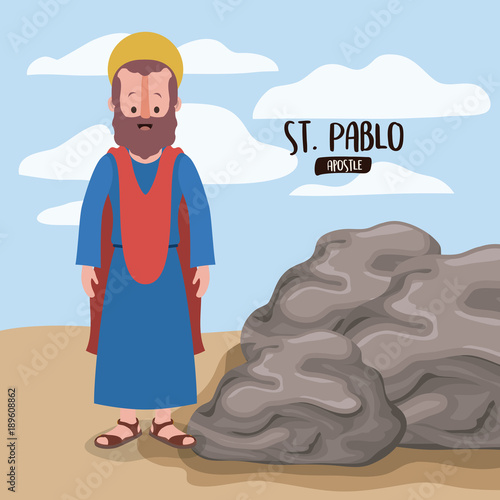 the twelve apostles poster with saint pablo in scene in desert next to the rocks in colorful silhouette vector illustration