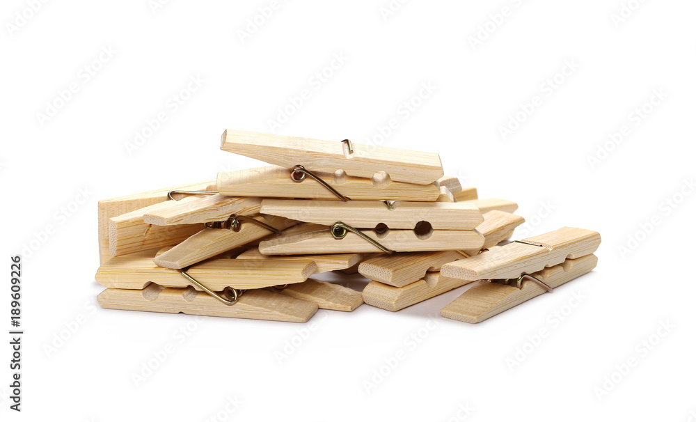 Wooden clothespins set, natural bamboo peg isolated on white background Wooden clothespins set, natural bamboo peg isolated on white background