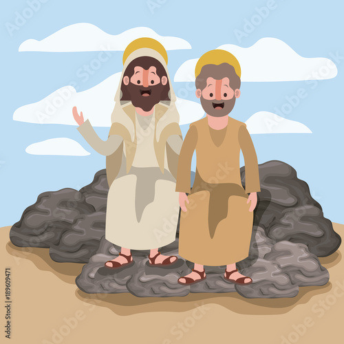 jesus the nazarene and john in scene in desert sitting on the rocks in colorful silhouette vector illustration