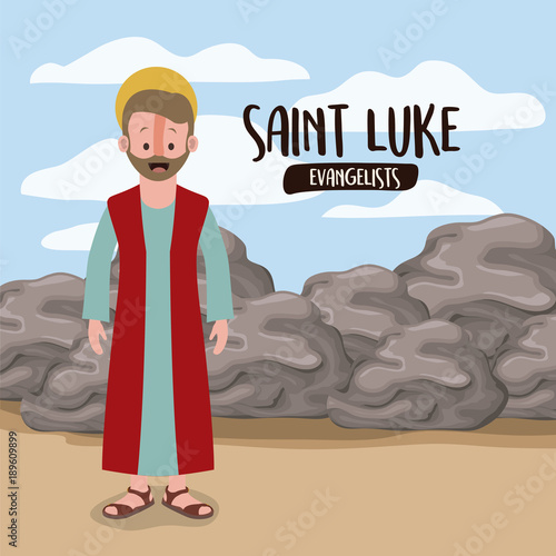 the evangelist saint luke in scene in desert next to the rocks in colorful silhouette vector illustration