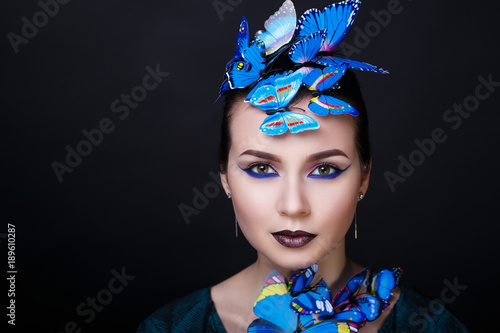 woman blue butterfly