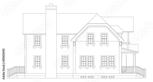 Old house in Victorian style. Illustration on white background. Black and white illustration in contour lines. Species from different sides.