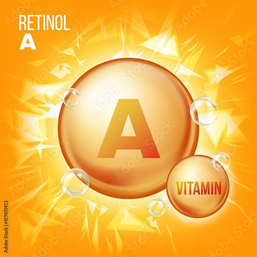 Vitamin A Retinol Vector. Vitamin Gold Oil Pill Icon. Organic Vitamin Gold Pill Icon. Capsule. For Beauty, Cosmetic, Heath Promo Ads Design. 3D Vitamin Complex With Chemical Formula. Illustration