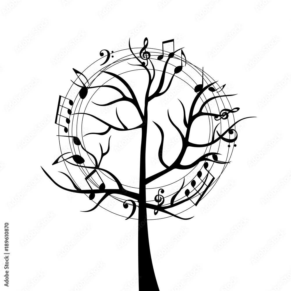 Black and white music tree with music notes. Music symbols for card