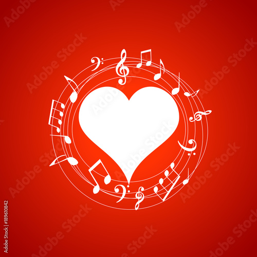 Heart shaped frame with music notes on red background. Music elements for card, poster, party invitation. Music background design vector illustration
