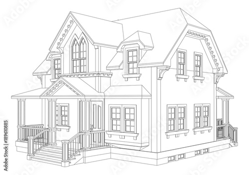 Old house in Victorian style. Illustration on white background. Black and white illustration in contour lines. Species from different sides.