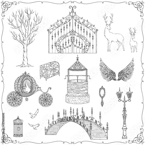 Fairy tale theme. Vintage gate, lantern, carriage, bridge, well, tree, wings, chest, cage, mirror, deer. Collection of decorative design elements. Isolated objects. Vector illustration