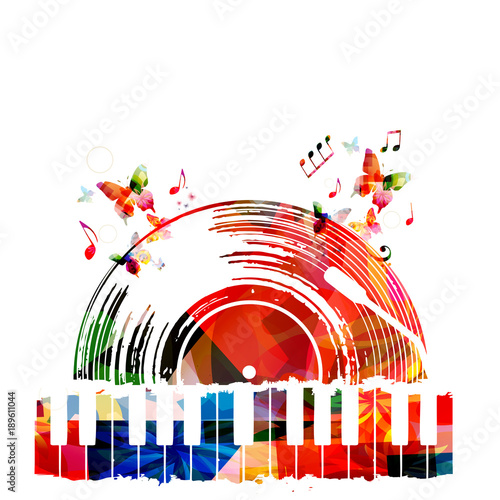 Colorful music poster with vinyl record and piano keyboard. Music elements for card, poster, invitation. Music background design vector illustration