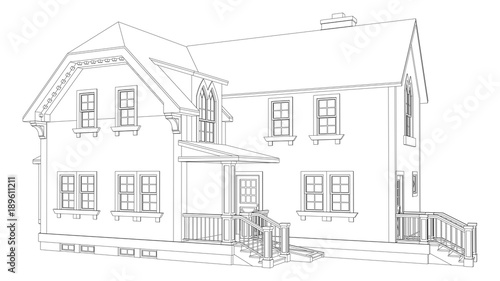 Old house in Victorian style. Illustration on white background. Black and white illustration in contour lines. Species from different sides.