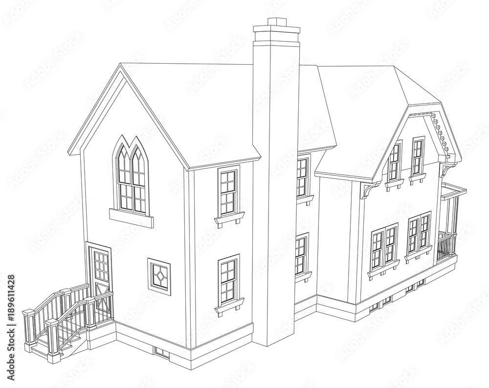Old house in Victorian style. Illustration on white background. Black ...
