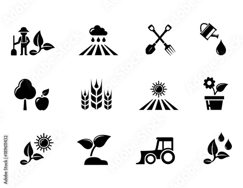 agriculture and horticulture or gardening concept icons set