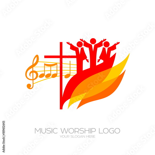Music logo. Christian symbols. Believers worship Jesus Christ, sing with the fire of the Holy Spirit
