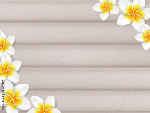 Wooden table background with frangipani flowers. Vector illustration.