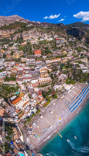 aerial view of Positano photo, beautiful Mediterranean village on Amalfi Coast (Costiera Amalfitana), best place in Italy, travel tour concept, heavenly place villa, vacation by the sea