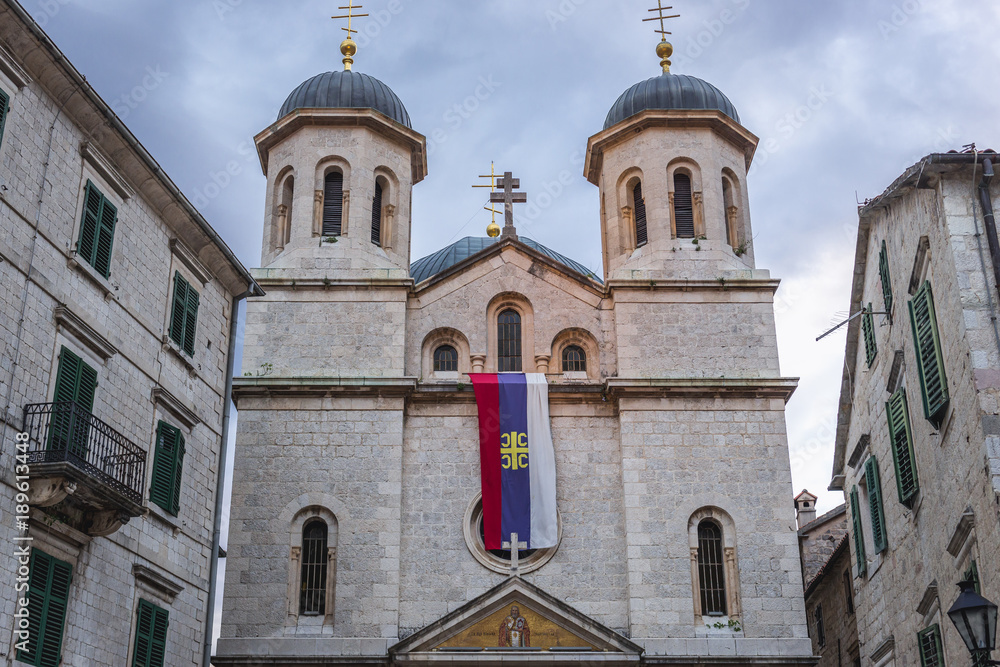 Frontage of St Nicholas Serbian Orthodox temple on the Old Town of Kotor in Montenegro