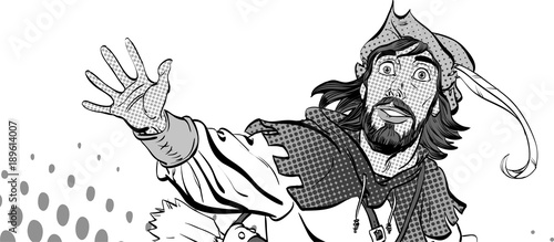 Amazed Robin Hood. Wondering Robin Hood. Medieval legends. Heroes of medieval legends. Halftone background.