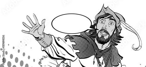 Amazed Robin Hood. Wondering Robin Hood. Medieval legends. Heroes of medieval legends. Halftone background.