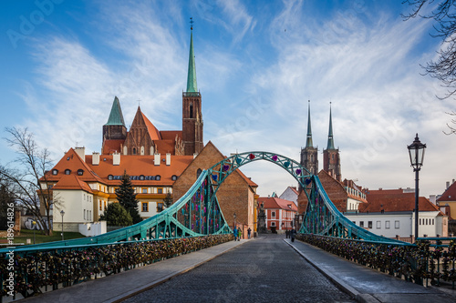 Tumski bridge and Holy Cross church in Wroclaw, Silesia, Poland