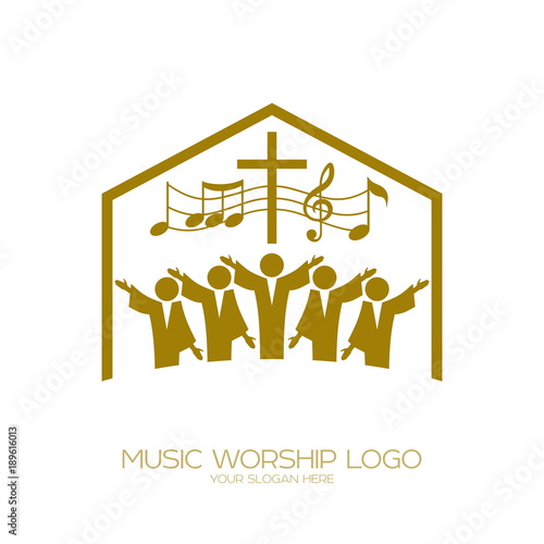 Music logo. Christian symbols. The Church of God sings to Jesus Christ a song of glory