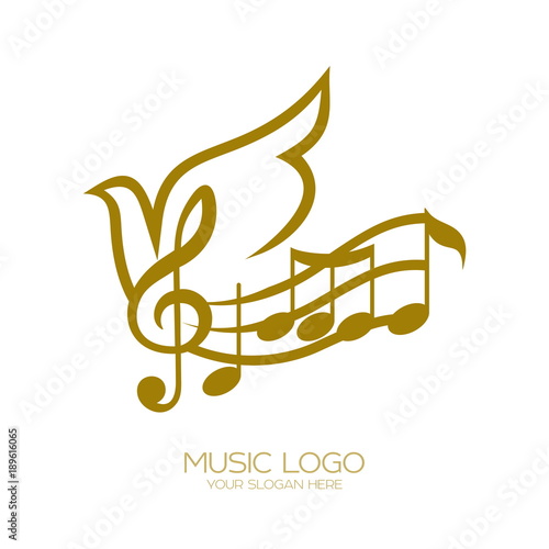 Music logo. Treble clef and flying dove flying