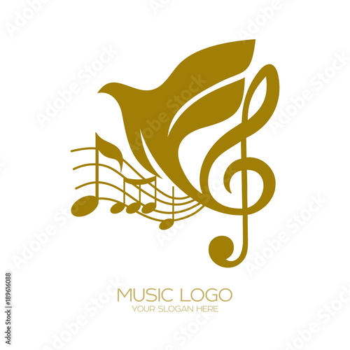 Canvas Print Music logo. Treble clef and flying dove flying