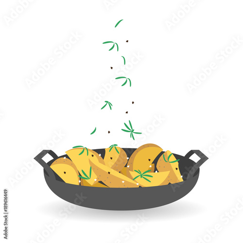 Fried potatoes with spices on white background. Vector illustration.