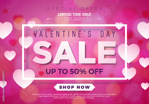 Valentines day sale illustration with heart on red background. Vector special offer illustration for coupon, banner, voucher or promotional poster.