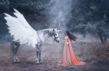 Beautiful, young elf, walking with a unicorn in the forest She is dressed in a long orange dress with a cloak. The plume beautifully waves in the wind. Artistic Photography