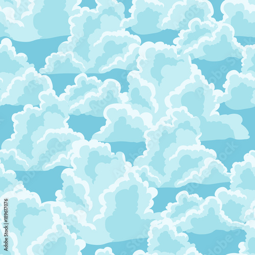 Blue sky seamless pattern with curly clouds