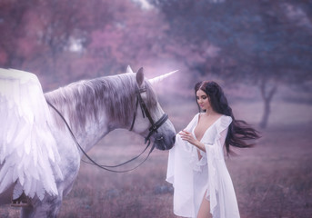 Beautiful, young elf, walking with a unicorn. An unbelievable white dress with long sleeves. Her long hair fluttering in the wind.  Artistic Photography