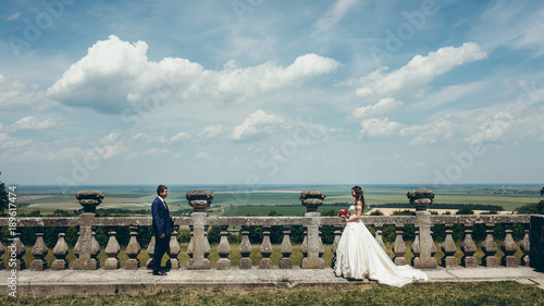 Panorama view of the beautiful green nature. The cheerful newlywed couple is going to each other near the old stone fence. photo