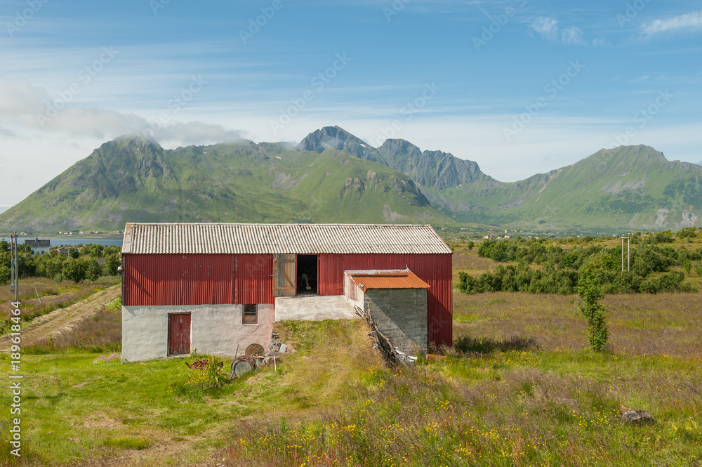 Traditional barn in the countryside of Lofoten islands in northern Norway
