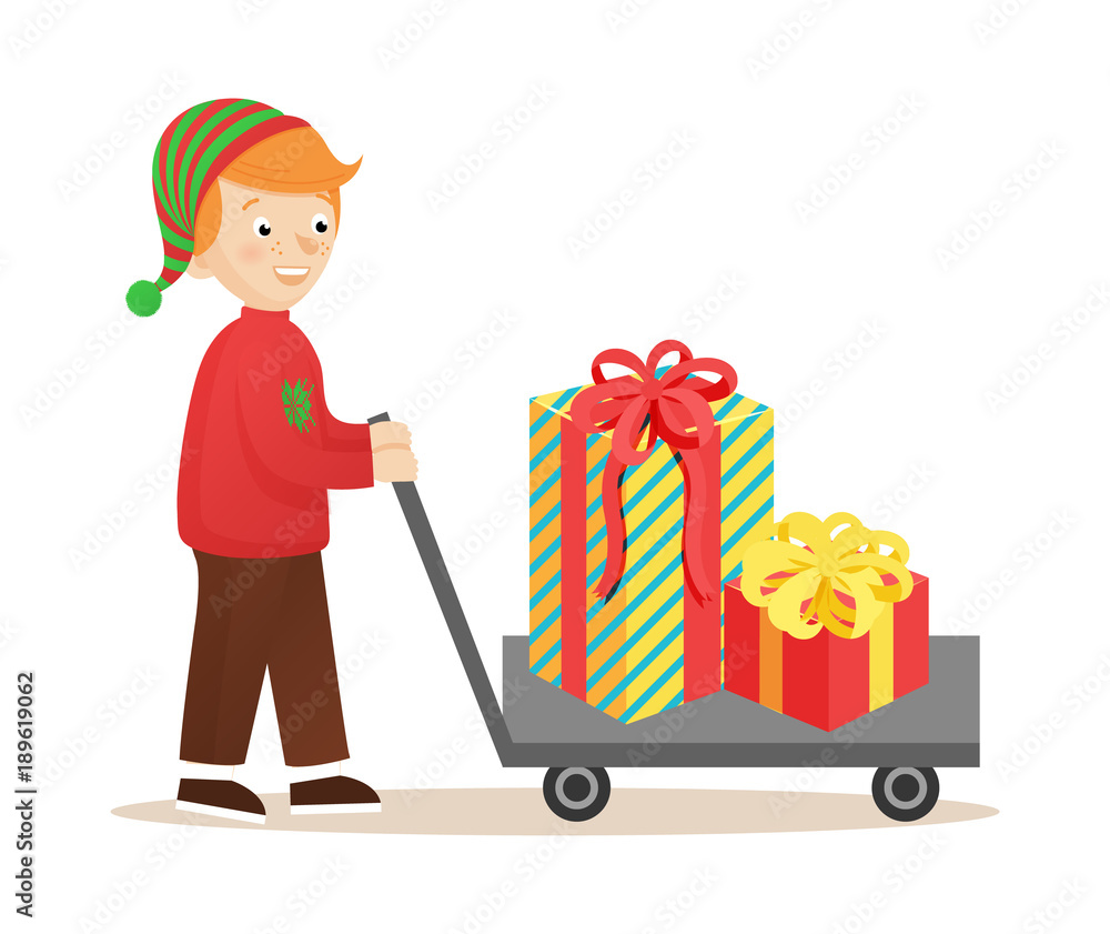 Boy with Cart and Presents Vector Illustration Boy with Cart and Presents Vector Illustration