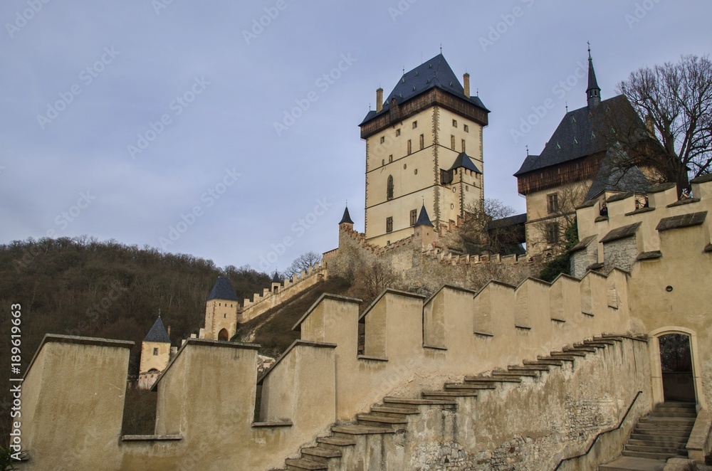 Medieval castle Karlstejn in the Czech Republic. The castle was founded around 1348 as the seat of Roman Emperor and Czech King Charles IV.