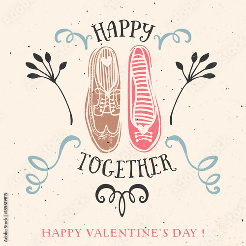 Valentine's day greeting card with lettering and other decorative elements. Vector hand drawn illustration.