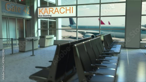 Karachi flight boarding now in the airport terminal. Travelling to Pakistan conceptual intro animation, 3D rendering photo