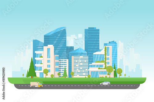 City vector illustration. Small building, big skyscrapers and large smart city tall skyscrapers on background. Urban street with park and trees near cityscape. Metropolis background. Road with cars.