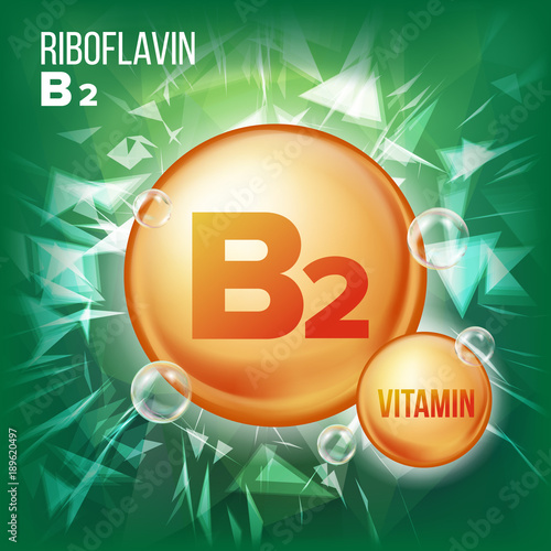 Vitamin B2 Riboflavin Vector. Vitamin Gold Oil Pill Icon. Vitamin Gold Pill Icon. Medicine Capsule. For Beauty, Cosmetic, Heath Promo Ads Design. 3D Vitamin Complex With Chemical Formula. Illustration