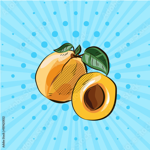 bright pop art with hand drawn peaches and half with seed