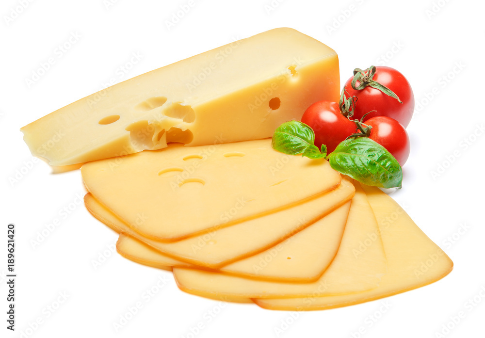 swiss cheese or cheddar and tomatoes on white background