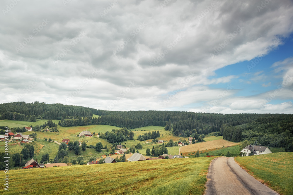 Houses and fields of the German Farmers.Black Forest. Germany.