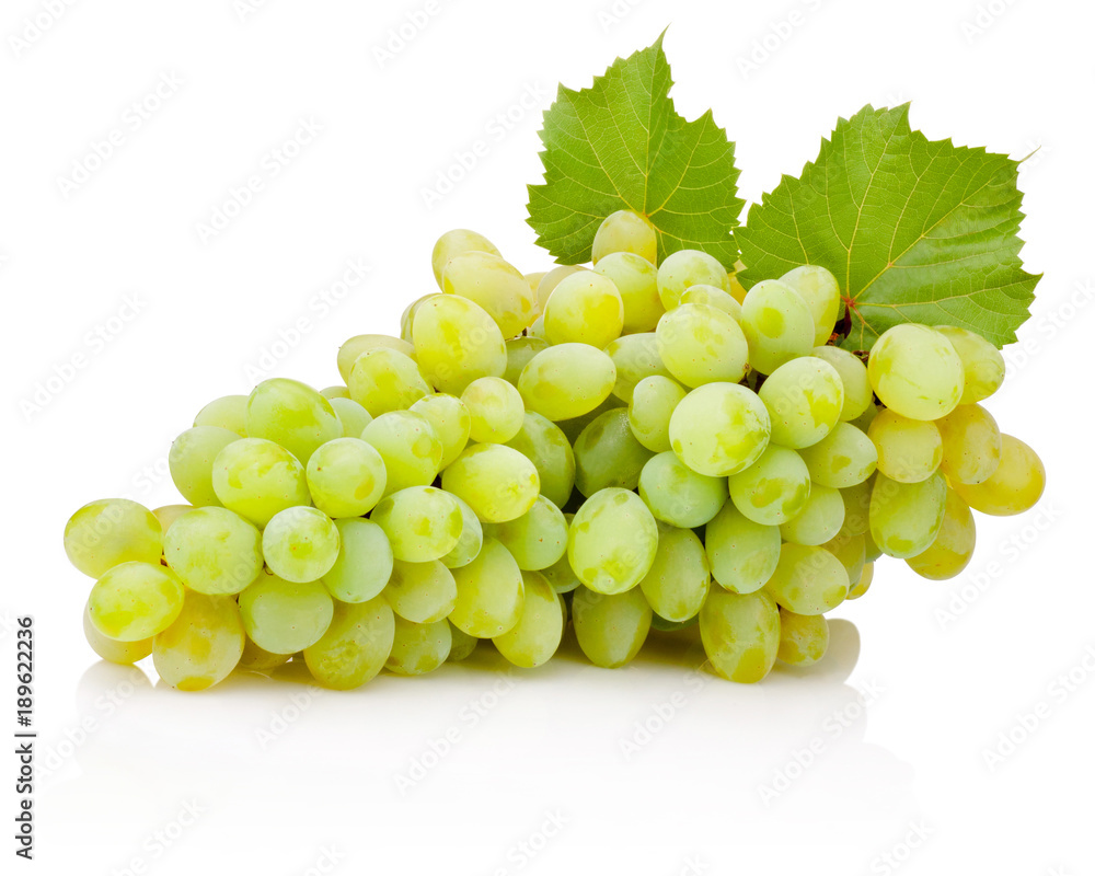 Fresh bunch of green grapes with leaves isolated on white background Fresh bunch of green grapes with leaves isolated on white background
