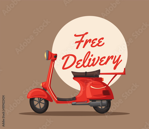 Fast and free delivery. Vector cartoon illustration. Food service. Retro scooter.