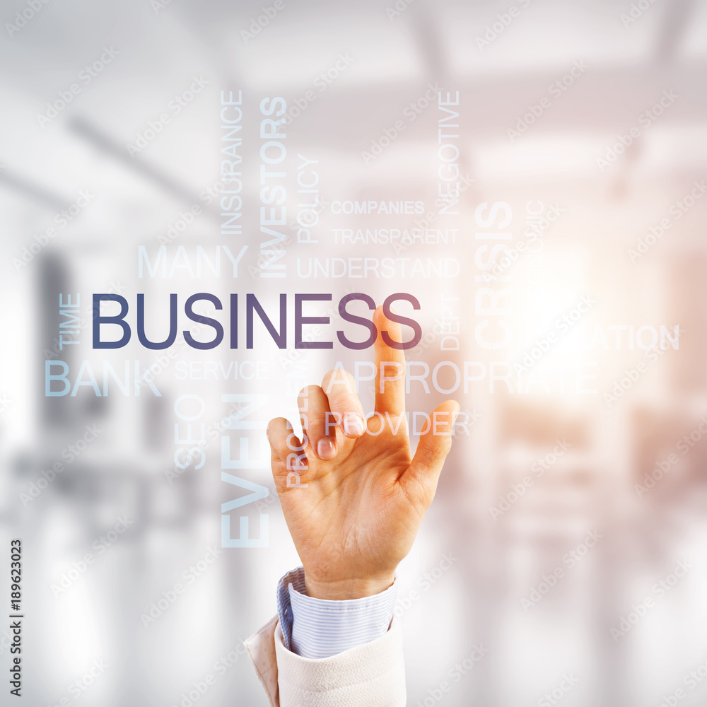Concept of modern business with palm choocing on of keywords for success Concept of modern business with palm choocing on of keywords for success