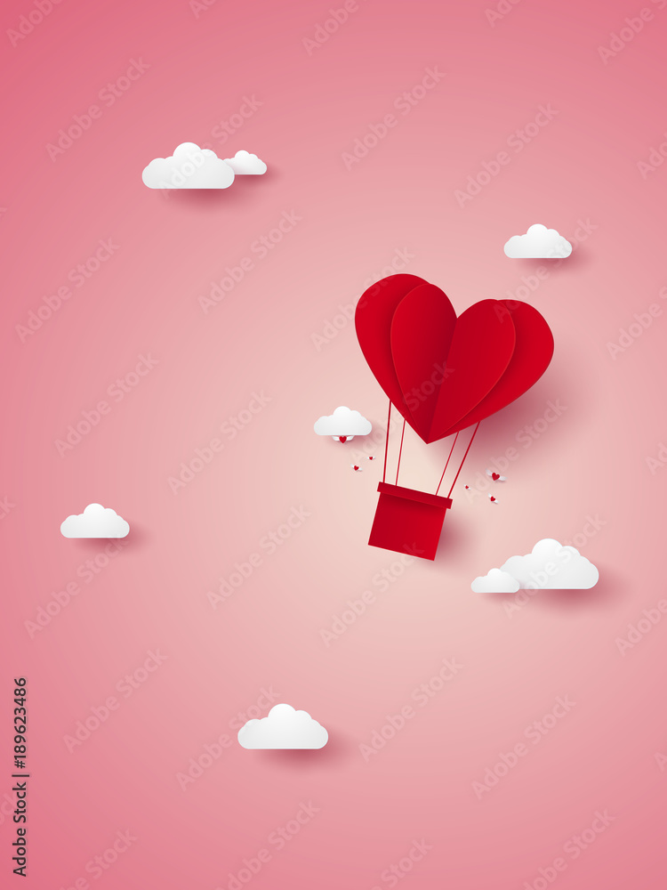 Valentines day , Illustration of love , red heart hot air balloon flying in the sky , paper art style