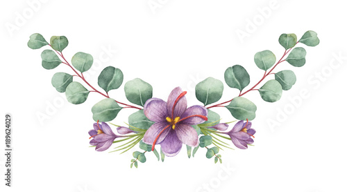 Watercolor vector wreath with green eucalyptus leaves and flowers of saffron.